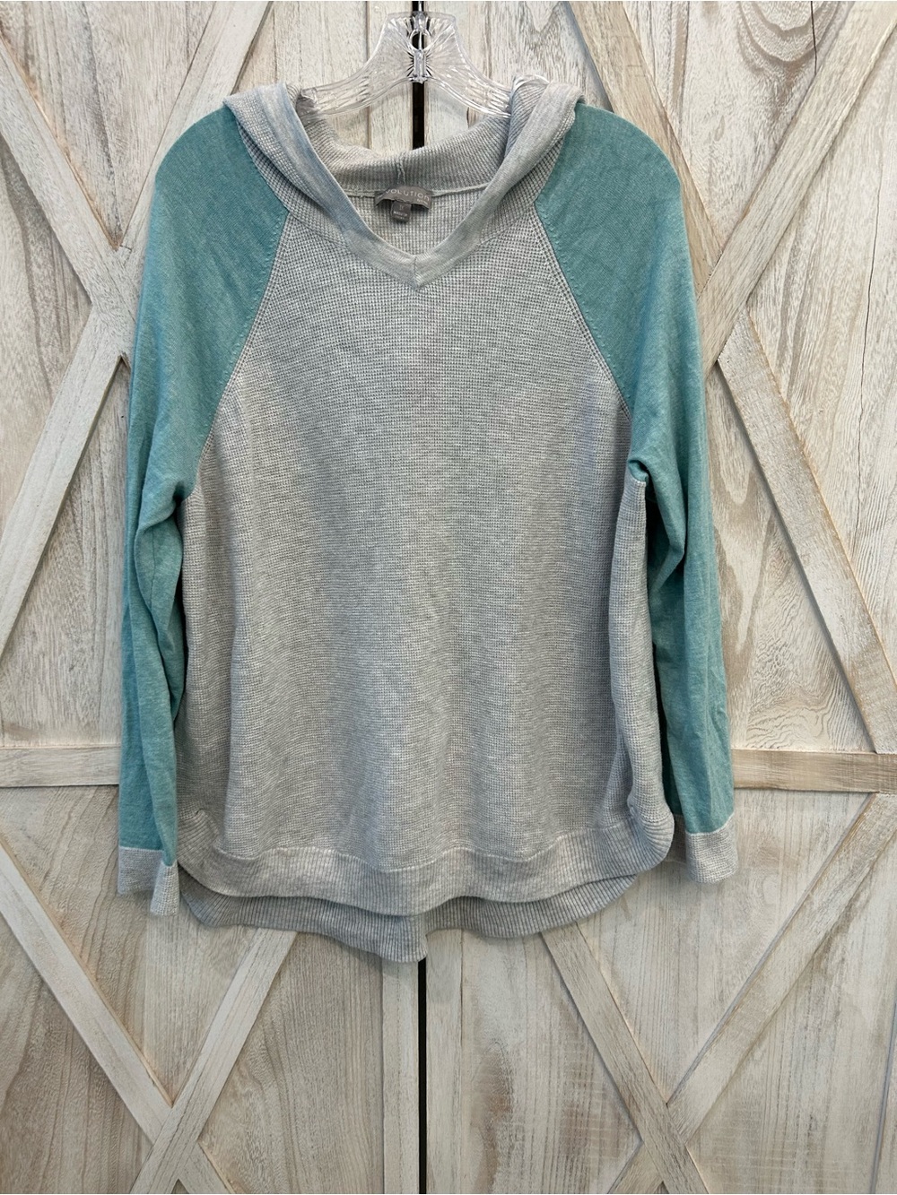 Lightweight V-Neck Hoodie Sweater - Gray with Teal Sleeves